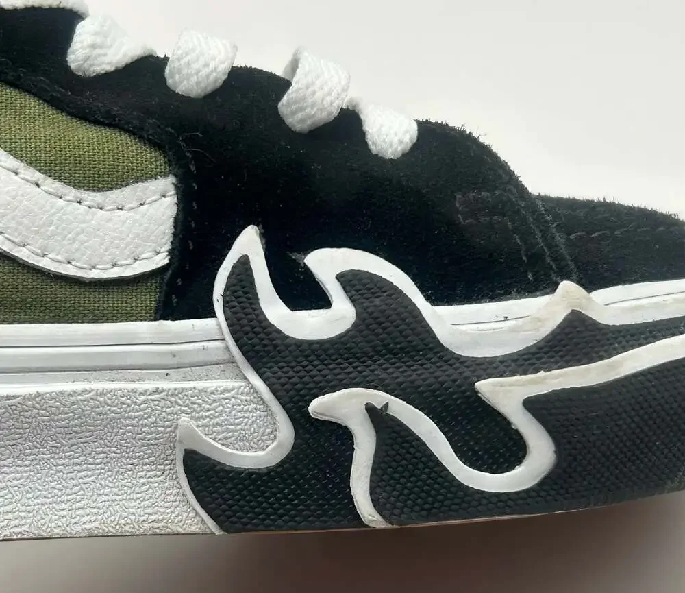 Vans Sk8-Hi High Top Sneakers with Black Flame Details and Olive Green Canvas